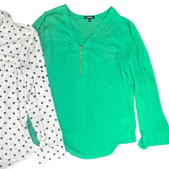 Express Lot Of 2 Blouses Shirts Black White Polka Dot Portofino Green Women's M - Picture 3 of 16